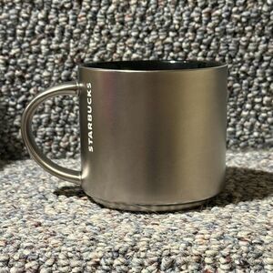 2014 Starbucks Stainless Steel Silver Coffee Mug White Logo Embossed 14oz